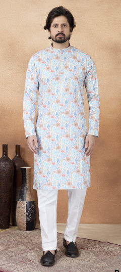 Blue color Kurta Pyjamas in Art Silk fabric with Digital Print work