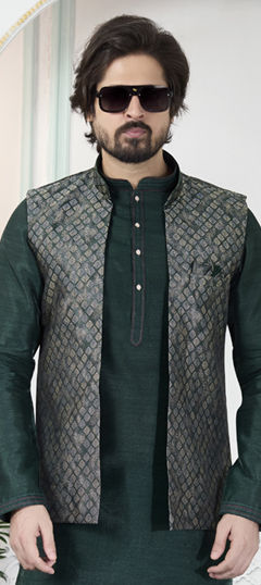 Green color Nehru Jacket in Jacquard fabric with Weaving work