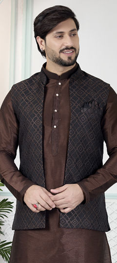 Beige and Brown color Nehru Jacket in Jacquard fabric with Weaving work