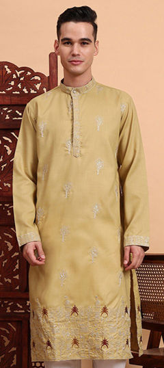 Beige and Brown color Kurta in Cotton fabric with Embroidered, Thread work