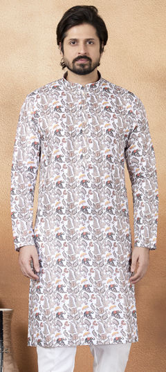Beige and Brown color Kurta in Art Silk fabric with Digital Print work