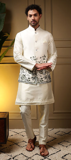 White and Off White color Kurta Pyjama with Jacket in Silk fabric with Embroidered, Sequence work
