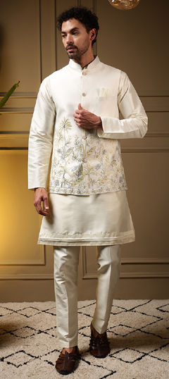 White and Off White color Kurta Pyjama with Jacket in Silk fabric with Embroidered, Sequence work