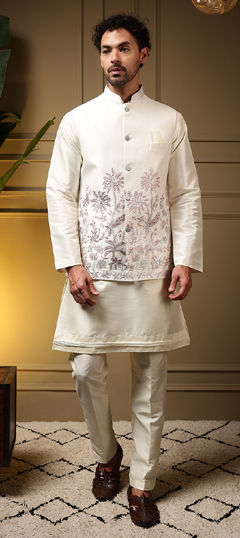 White and Off White color Kurta Pyjama with Jacket in Silk fabric with Embroidered, Sequence work