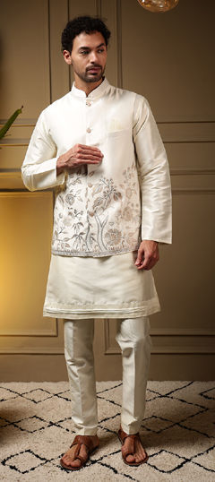 White and Off White color Kurta Pyjama with Jacket in Silk fabric with Embroidered, Sequence work