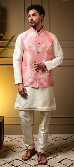 Pink and Majenta, White and Off White color Kurta Pyjama with Jacket in Silk fabric with Embroidered, Mirror, Weaving work
