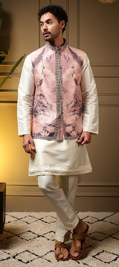 Pink and Majenta, White and Off White color Kurta Pyjama with Jacket in Silk fabric with Embroidered, Mirror, Weaving work