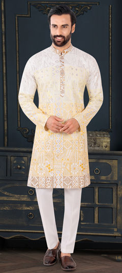 Yellow color Kurta Pyjamas in Jacquard fabric with Embroidered work