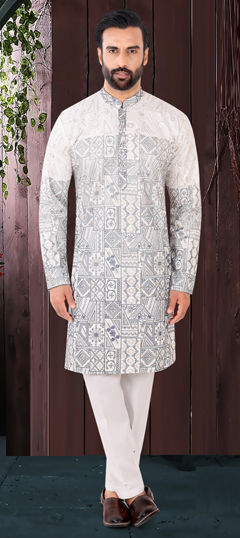 Black and Grey color Kurta Pyjamas in Jacquard fabric with Embroidered work