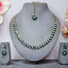 Gold Rodium Polish Blue color Necklace in Metal Alloy studded with CZ Diamond, Kundan