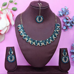 Gold Rodium Polish Blue color Necklace in Metal Alloy studded with CZ Diamond