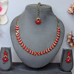 Gold Rodium Polish Red and Maroon color Necklace in Metal Alloy studded with CZ Diamond, Kundan