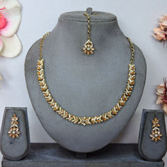 Gold Rodium Polish White and Off White color Necklace in Metal Alloy studded with CZ Diamond, Kundan