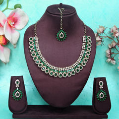 Gold Rodium Polish Green color Necklace in Metal Alloy studded with CZ Diamond