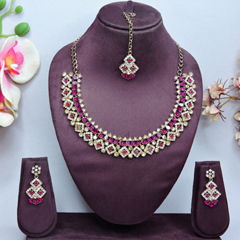 Gold Rodium Polish Pink and Majenta color Necklace in Metal Alloy studded with CZ Diamond