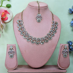 Gold Rodium Polish White and Off White color Necklace in Metal Alloy studded with CZ Diamond, Pearl