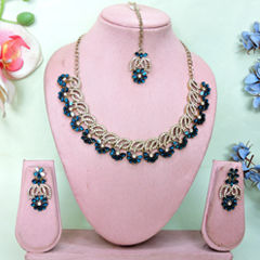 Gold Rodium Polish Blue color Necklace in Metal Alloy studded with CZ Diamond, Pearl