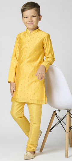 Yellow color Boys Kurta Pyjama in Chanderi Silk fabric with Thread work
