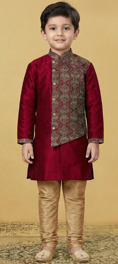 Red and Maroon color Boys Kurta Pyjama in Dupion Silk fabric with Embroidered work
