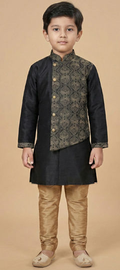 Black and Grey color Boys Kurta Pyjama in Dupion Silk fabric with Embroidered work