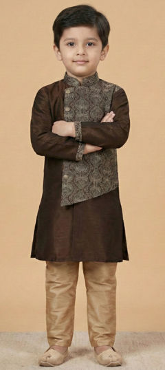 Beige and Brown color Boys Kurta Pyjama in Dupion Silk fabric with Embroidered work