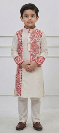 White and Off White color Boys Kurta Pyjama in Viscose fabric with Embroidered work