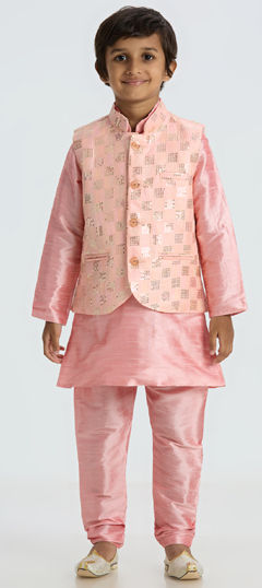 Pink and Majenta color Boys Kurta Pyjama with Jacket in Dupion Silk fabric with Thread work