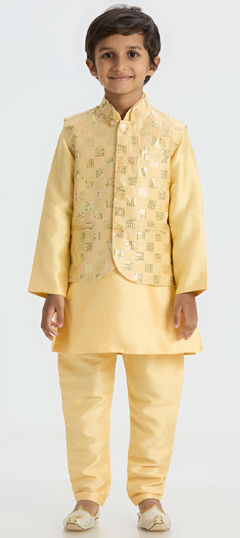 Gold color Boys Kurta Pyjama with Jacket in Dupion Silk fabric with Thread work