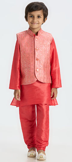 White and Off White color Boys Kurta Pyjama with Jacket in Dupion Silk fabric with Thread work