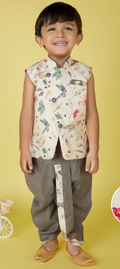 Beige and Brown color Boys Dhoti Kurta in Cotton fabric with Printed work