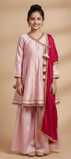 Pink and Majenta color Kids Salwar in Chanderi Silk, Cotton fabric with Embroidered, Thread work