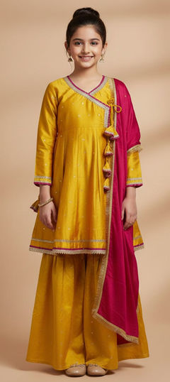 Yellow color Kids Salwar in Chanderi Silk, Cotton fabric with Embroidered, Thread work
