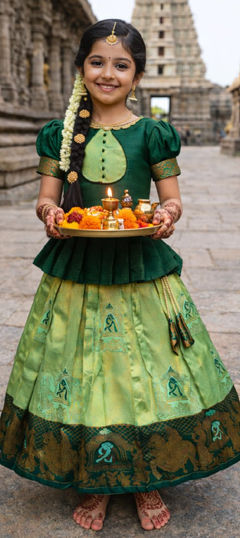 Green color Kids Lehenga in Silk fabric with Weaving work