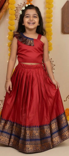 Red and Maroon color Kids Lehenga in Silk fabric with Weaving work