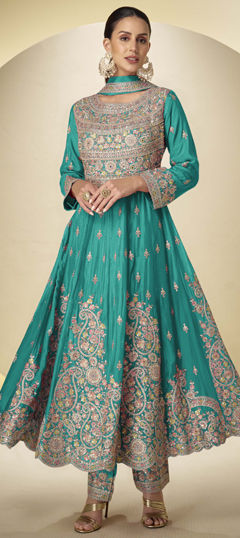 Green color Salwar Kameez in Chinon Silk fabric with Embroidered, Mirror, Sequence, Thread, Zari work