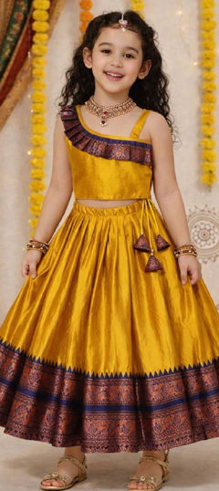 Yellow color Kids Lehenga in Silk fabric with Weaving work