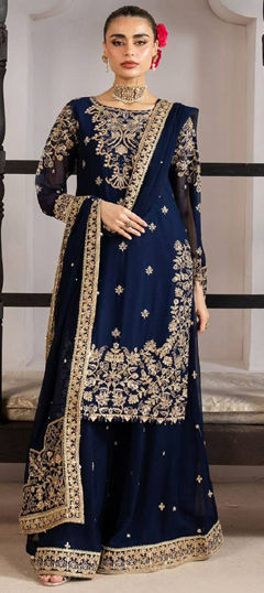 Blue color Salwar Kameez in Silk fabric with Embroidered, Thread, Zari work