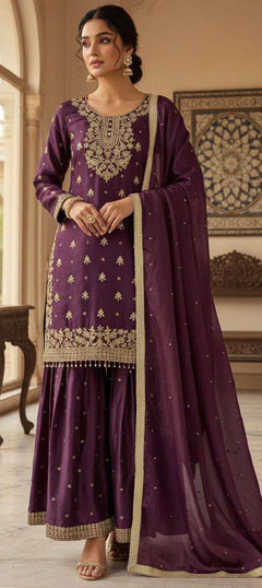 Pink and Majenta color Salwar Kameez in Silk fabric with Embroidered, Thread, Zari work