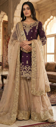 Purple and Violet color Salwar Kameez in Silk fabric with Embroidered, Sequence, Stone, Thread work