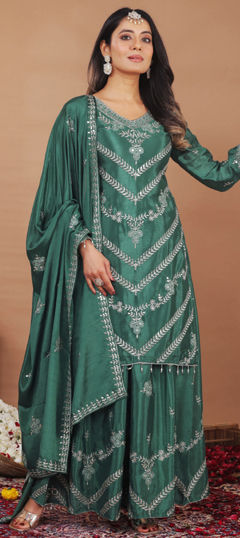 Green color Salwar Kameez in Chinon Silk fabric with Embroidered, Sequence, Thread work