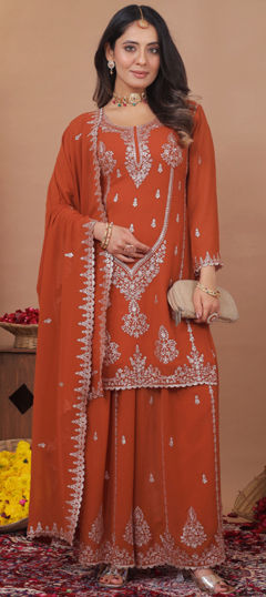 Orange color Salwar Kameez in Faux Georgette fabric with Embroidered, Sequence, Thread work