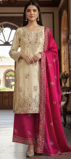 Pink and Majenta, White and Off White color Salwar Kameez in Silk fabric with Embroidered, Sequence, Thread, Zari work