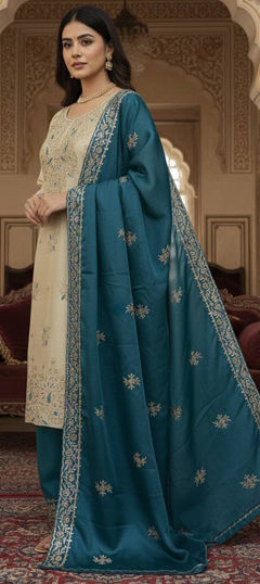 Green, White and Off White color Salwar Kameez in Silk fabric with Embroidered, Sequence, Thread, Zari work