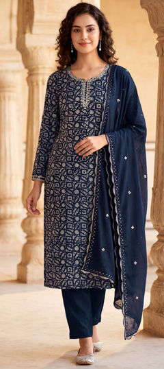 Blue color Salwar Kameez in Silk fabric with Embroidered, Sequence, Thread, Zari work