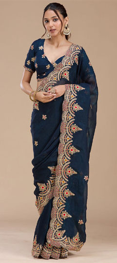 Blue color Saree in Tissue fabric with Embroidered, Sequence, Thread work