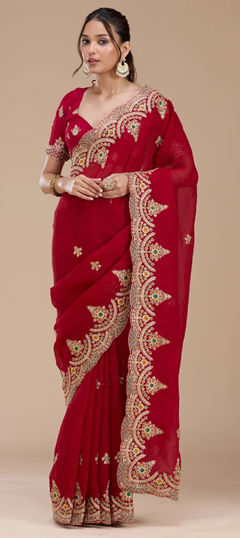 Red and Maroon color Saree in Tissue fabric with Embroidered, Sequence, Thread work