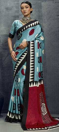 Blue color Saree in Satin Silk fabric with Printed work