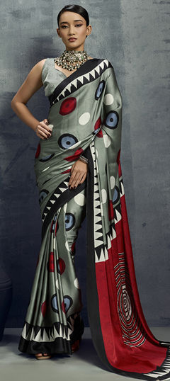 Black and Grey color Saree in Satin Silk fabric with Printed work