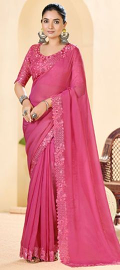 Pink and Majenta color Saree in Silk fabric with Embroidered, Resham, Stone, Thread work