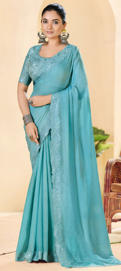 Blue color Saree in Silk fabric with Embroidered, Resham, Stone, Thread work